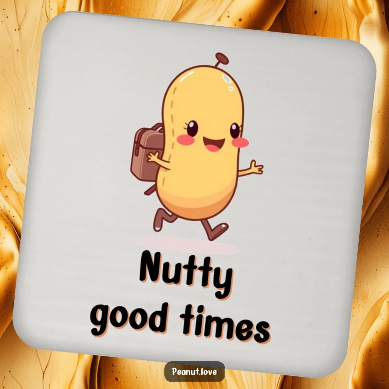Funny anthropomorphic peanut character drink coasters showing a happy peanut skipping with a small backpack, protecting surfaces with charm.
