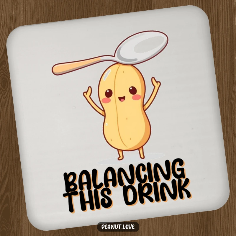 Funny drink coaster with a peanut character balancing a large spoon on its head, adding humor to surfaces.