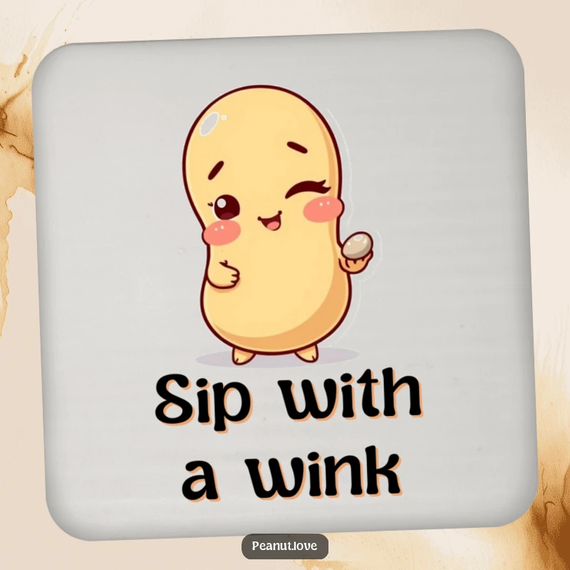 Funny Playful Pebble Coaster: A peanut character winking and holding a shiny pebble, offering funny, playful, and reliable surface protection.