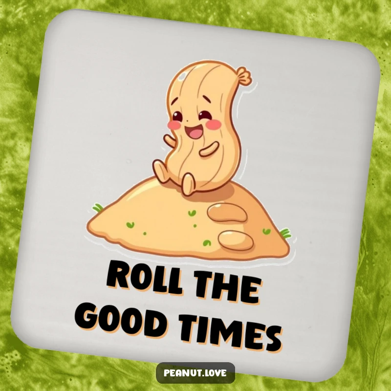 Funny peanut character rolling down a hill on a drink coaster, adding a touch of playful joy.