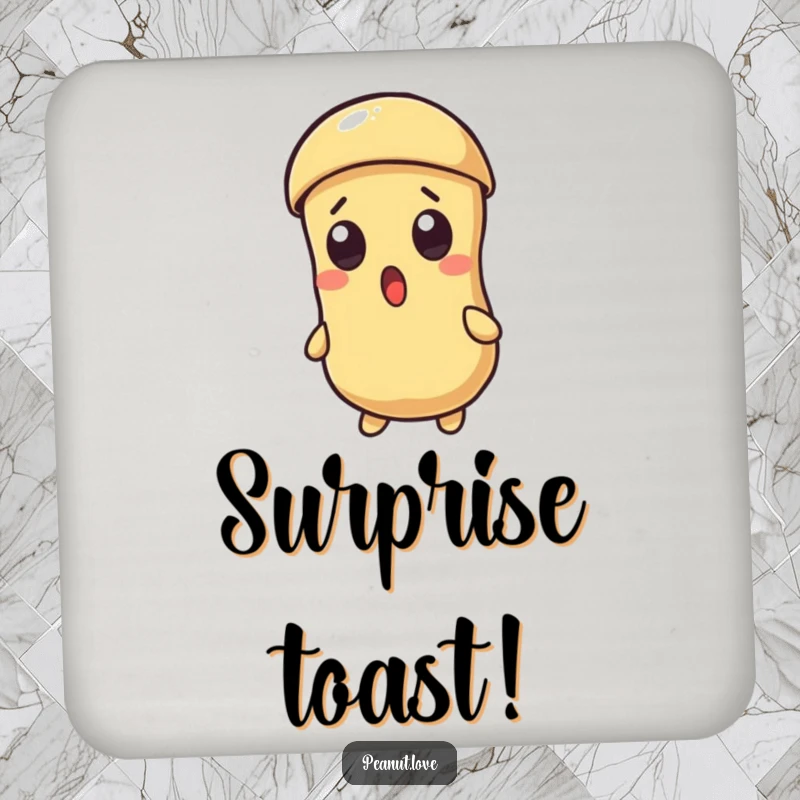 Funny coaster featuring a surprised Kawaii peanut character with a cracking shell, protecting tables with a touch of humor.
