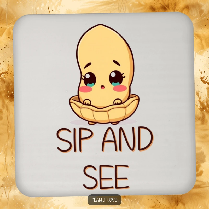 Funny peanut character peeking out from its shell on a drink coaster, adding a touch of surprise.