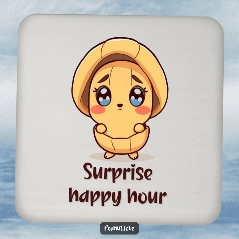 Funny drink coaster with a surprised peanut character peeking from its shell with wide eyes.
