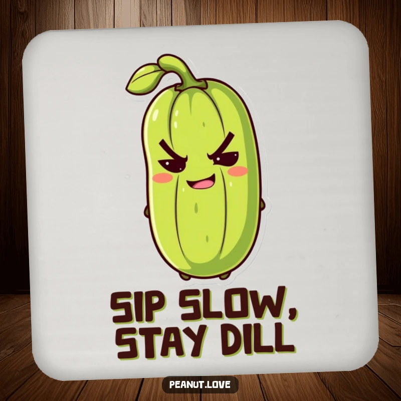 Funny anthropomorphic pickle with a mischievous grin slyly winking on humorous drink coasters, protecting surfaces.