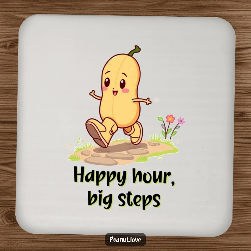 Funny drink coasters featuring a happy peanut character skipping in oversized boots, adding a humorous and cheerful touch to any beverage setting.