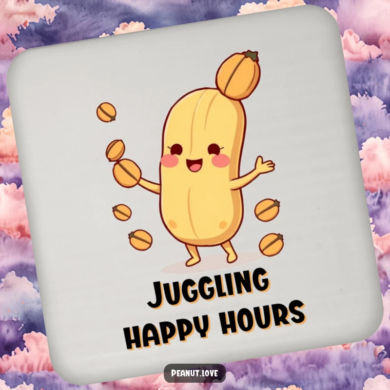 Funny playful peanut character drink coaster, depicted mid-juggle with smaller nuts, showing pure delight.