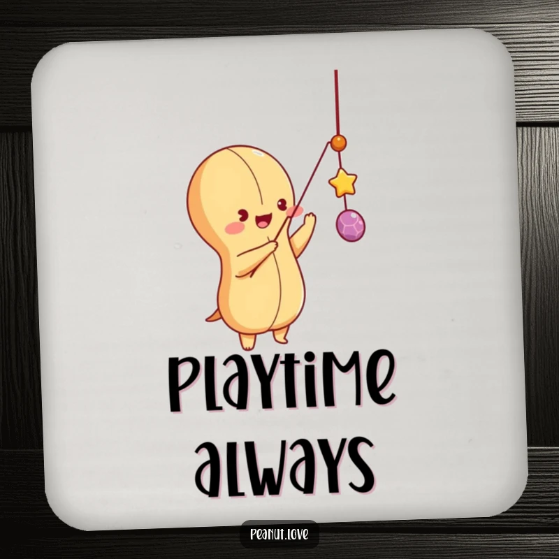 Funny peanut character batting at a dangling string on a drink coaster, adding a touch of playful fun.