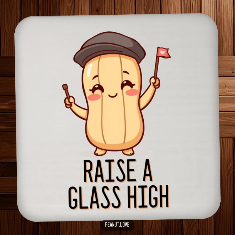 Funny coaster of a peanut character blushing and waving a tiny flag, a charming and humorous addition to any table setting.