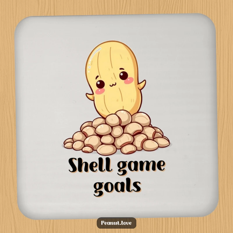 Funny coaster with a determined Kawaii peanut character climbing shells, adding ambitious humor to any table.