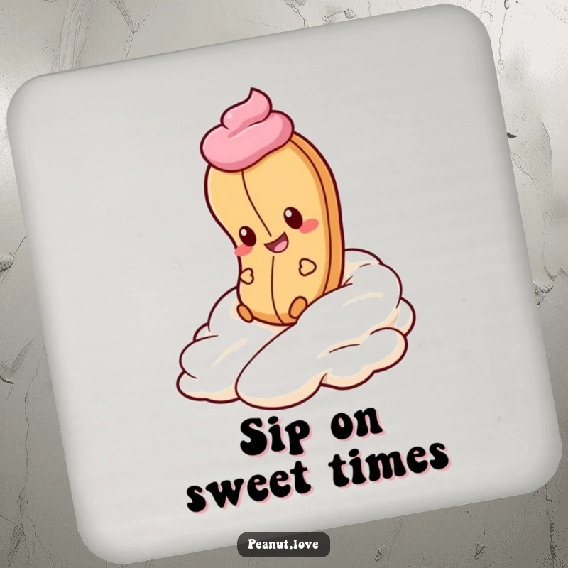 Funny Peanut Whipped Cream Coaster: A peanut gleefully rolls down whipped cream. Sweet protection, funny gift.