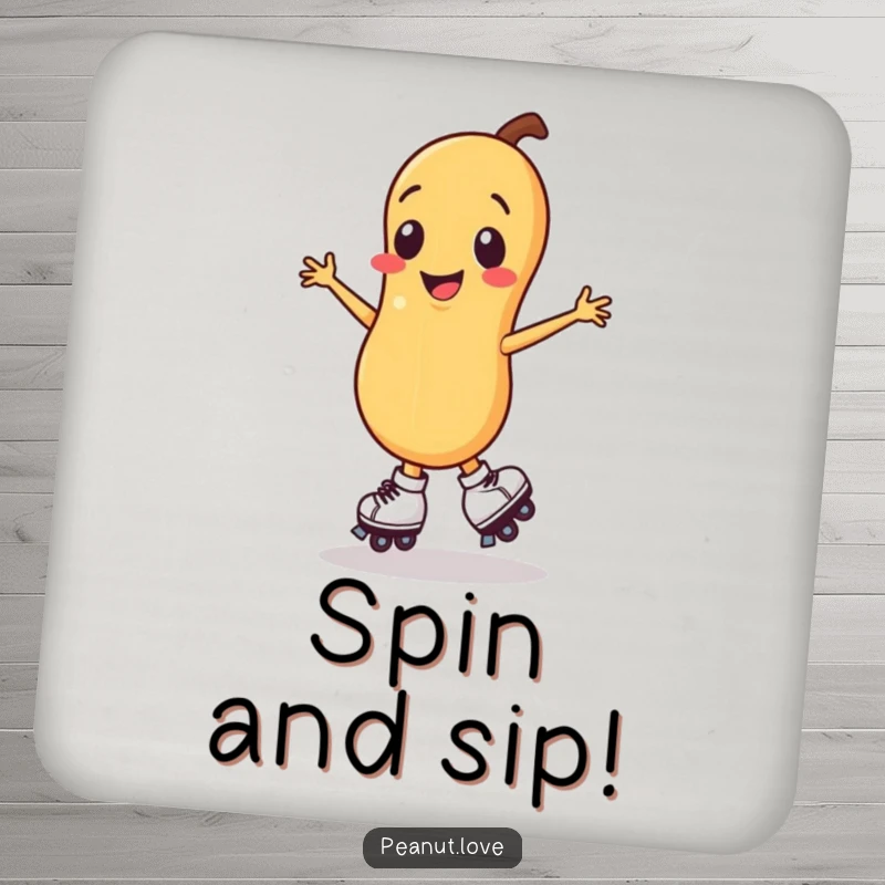 Funny smiling peanut character coaster, spinning on roller skates.