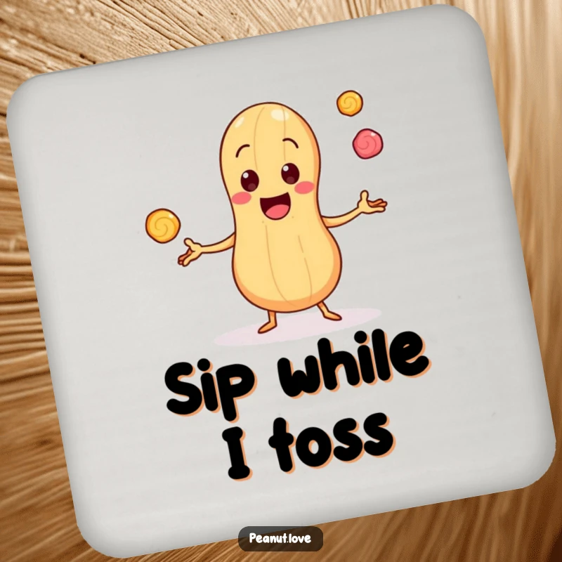 Funny Drink Coaster with a Cheerful Peanut Character Juggling Tiny Candy Pieces, Adding Sweetness