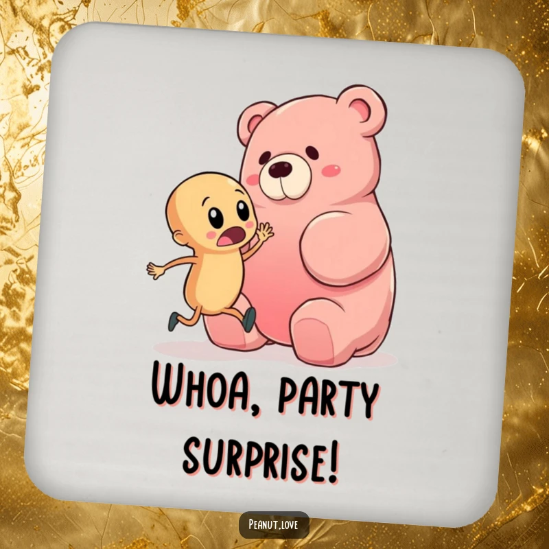 Funny drink coasters featuring a startled peanut character nearly tripping over a giant gummy bear, adding a humorous and comical touch to any beverage.
