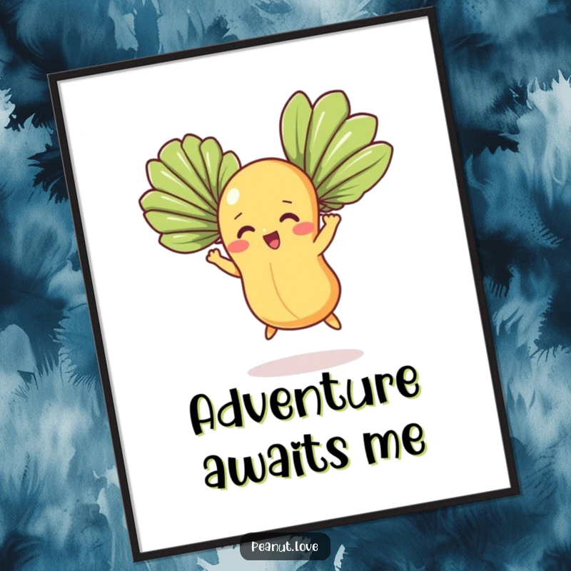 Funny poster showcasing a determined peanut character using fan leaves to fly, a comical and inspirational piece of wall art.