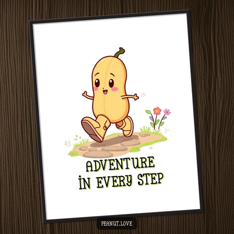 Funny poster art depicting a cheerful peanut character skipping with gusto in oversized boots, bringing a whimsical and happy vibe to any room.