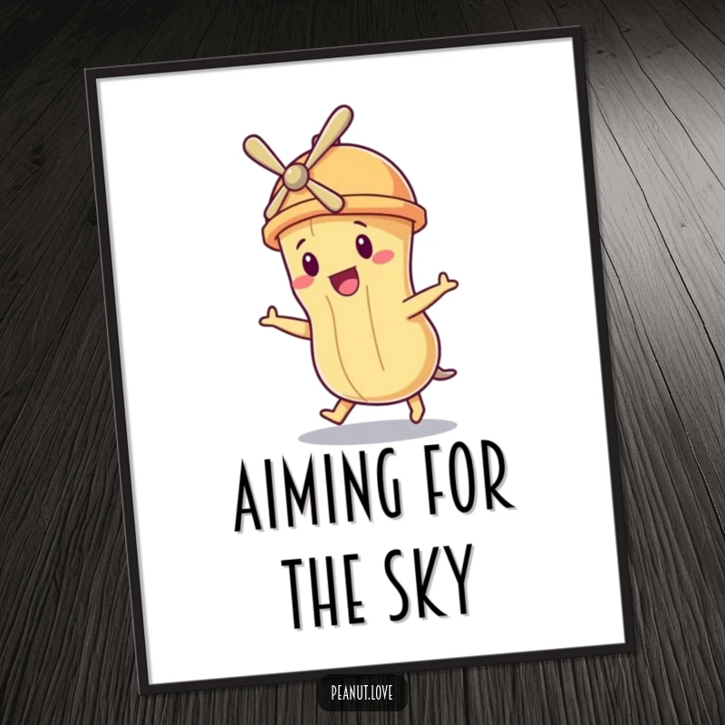Funny poster depicting a peanut character in a tiny propeller hat, comically trying to fly upwards.