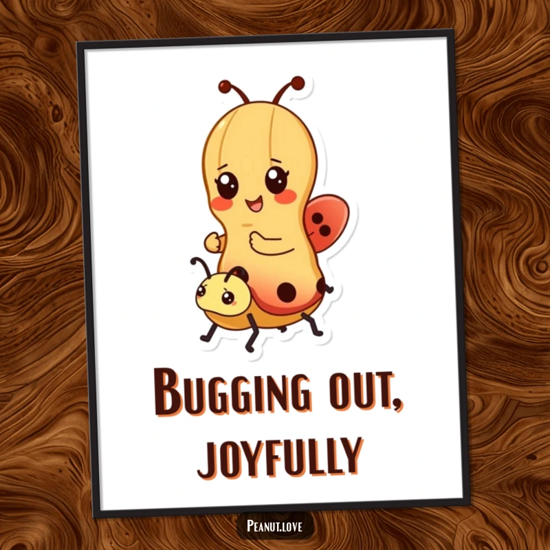 Funny poster art of a kawaii peanut character cheerfully riding a ladybug, evoking joy and whimsy; a gift.