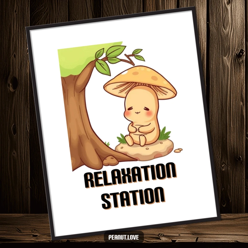 Funny poster print of a content peanut character enjoying a peaceful sit under a mushroom, creating a serene scene.