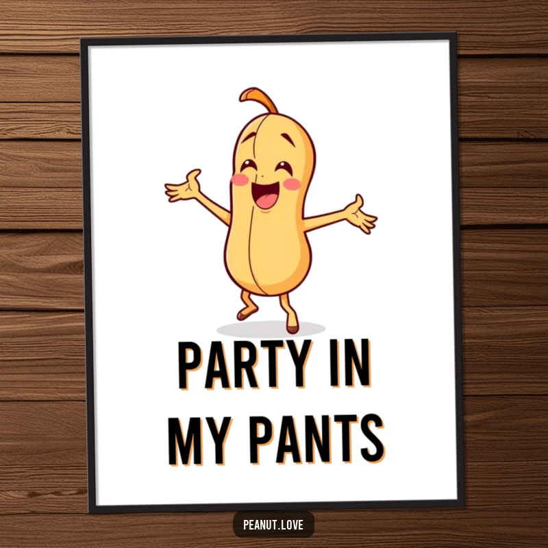 Funny peanut character captured mid-silly dance with exaggerated arm waves, as energetic wall art.