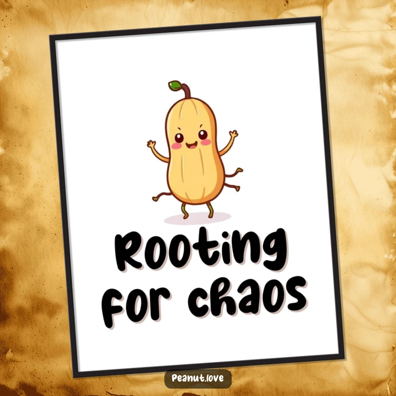 Funny Kawaii peanut poster art depicting a cute, silly-dancing character with distinct root-like legs, full of energy.