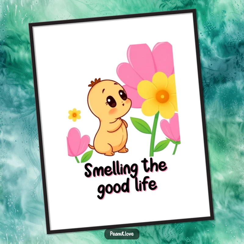 Funny Peanut Poster: Artful depiction of a curious peanut character deeply investigating the scent of a vibrant, blooming flower.