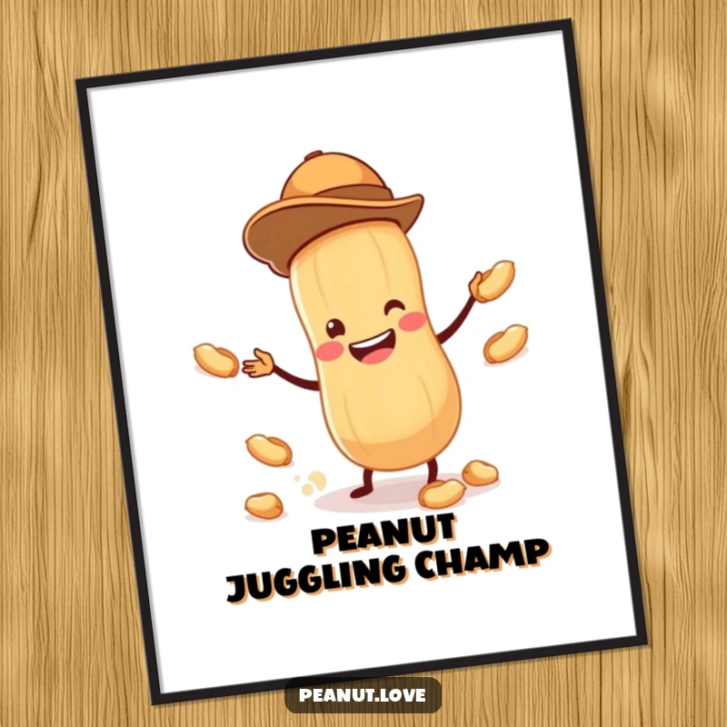 Funny poster of a tiny peanut wearing a hat, juggling smaller peanuts with a wide grin, adding a cheerful, humorous touch.