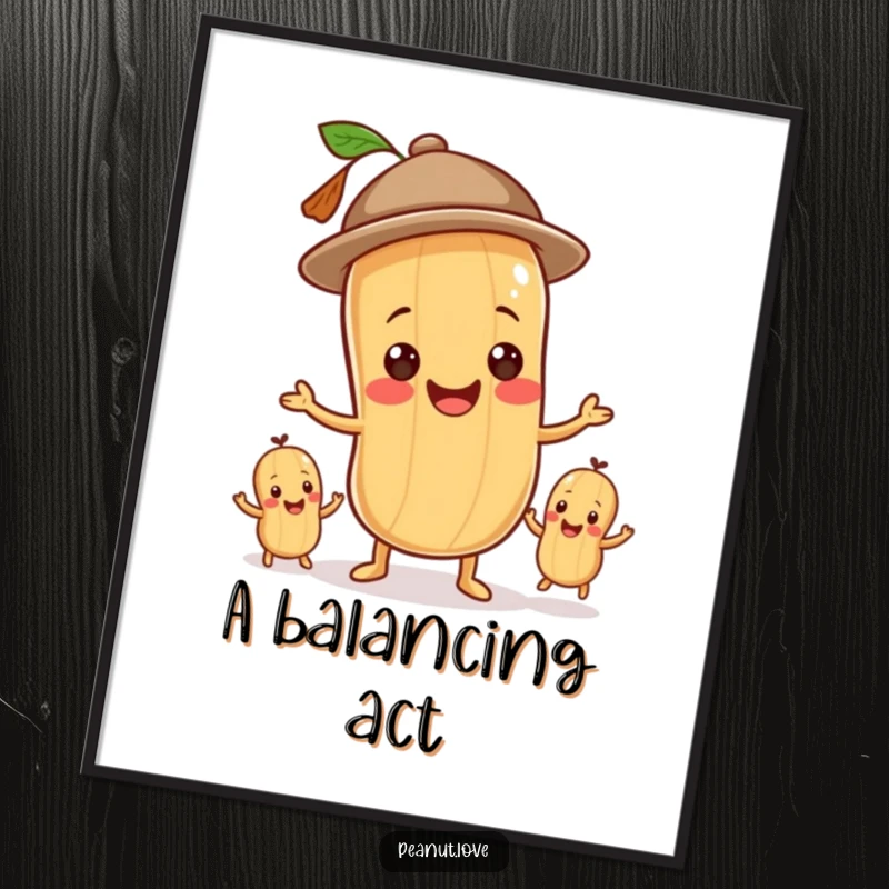 Funny poster depicting a smiling peanut character wearing a hat and juggling three smaller peanuts with great skill.