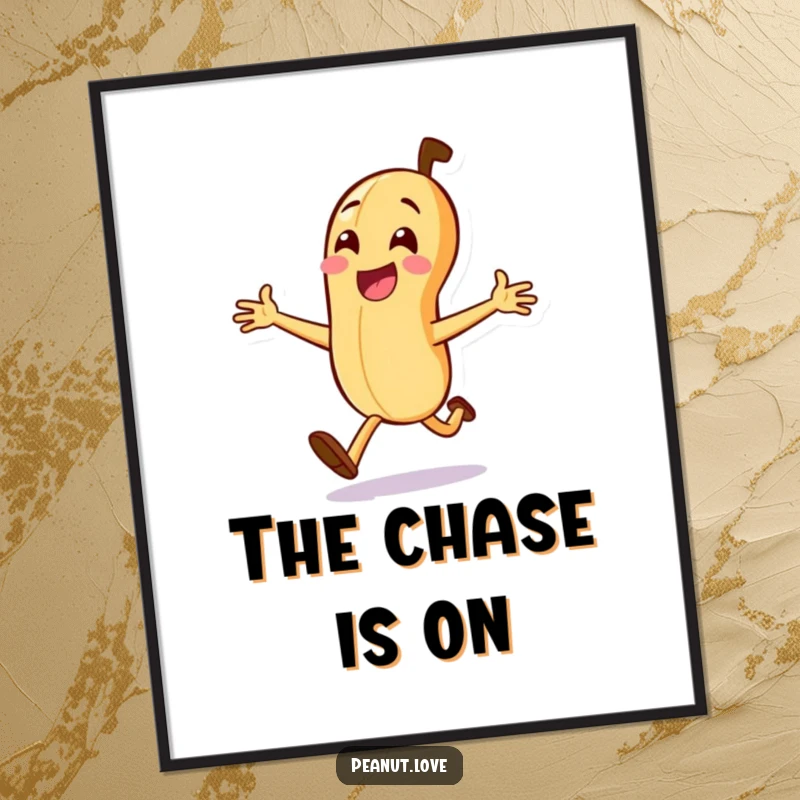 Funny Peanut Run Poster: A peanut character joyfully running with arms open, capturing motion and the spirited chase for fun.
