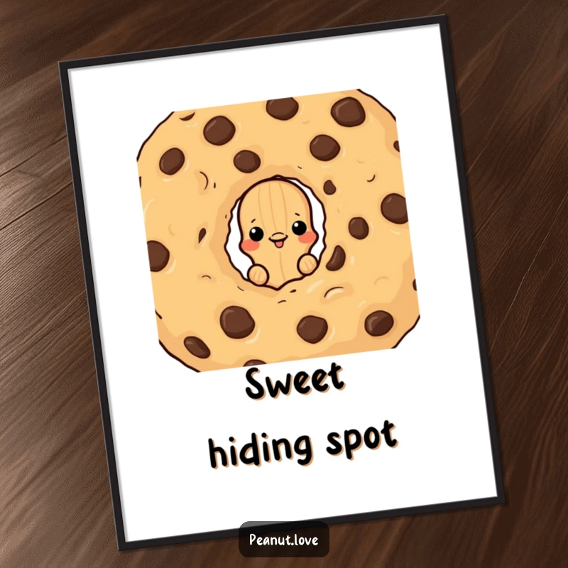 Funny poster of a peanut character peeking from behind a large chocolate chip cookie, a humorous and appetizing piece of wall art.