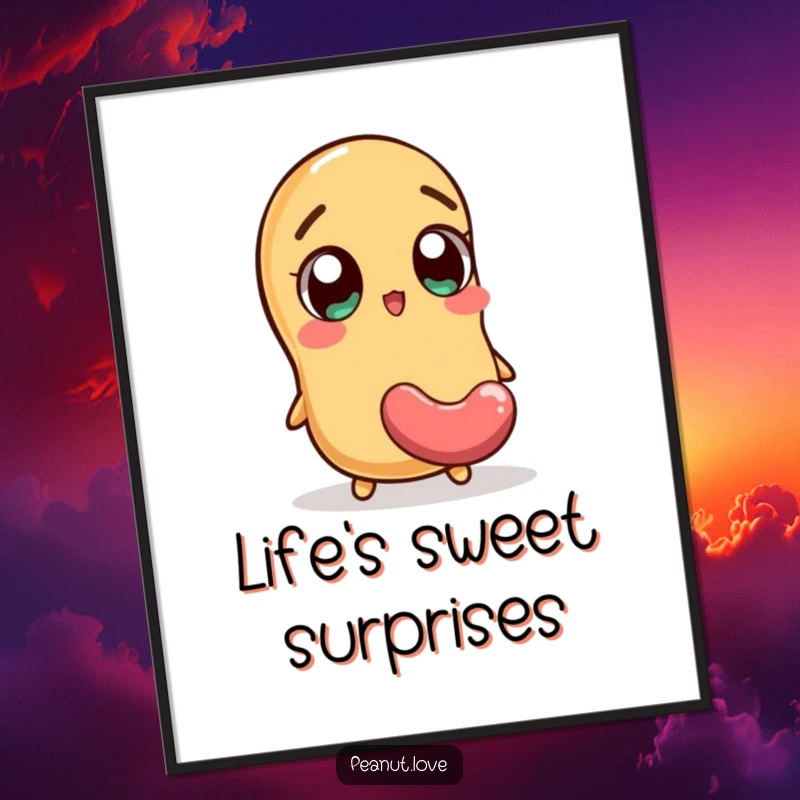 Funny poster of an excited peanut character with wide eyes watching a jellybean fall, a humorous and vibrant piece of art.