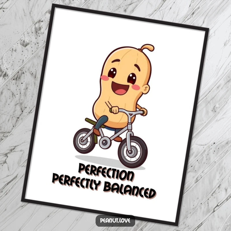 Funny poster art depicting a cheerfully grinning peanut character expertly riding a tiny unicycle, bringing a whimsical and happy vibe to any room.