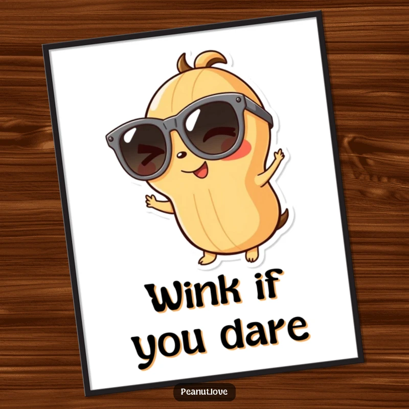 Funny playful peanut poster art of a character in oversized sunglasses winking, exuding confidence and fun, a cool funny gift.