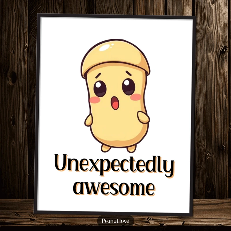 Funny wall art print of a Kawaii peanut character with wide, surprised eyes as its shell cracks, creating humor.