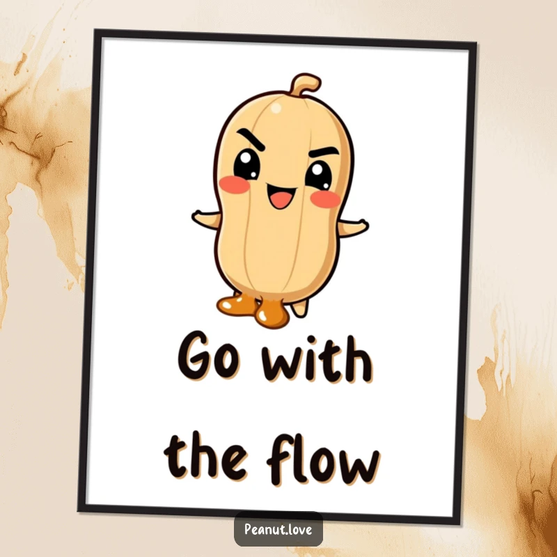 Funny Poster: Peanut Character with Mischievous Grin Sliding Down a Caramel Swirl, Evoking Playfulness