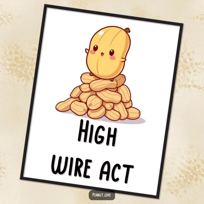 Funny poster of a bewildered peanut trying to balance on a wobbly stack of peanuts, representing life's humorous uncertainties.