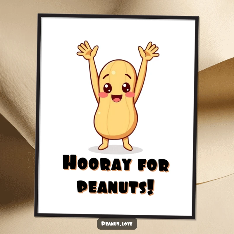 Funny poster depicting a peanut character with arms raised high in a comical, triumphant, and celebratory pose.