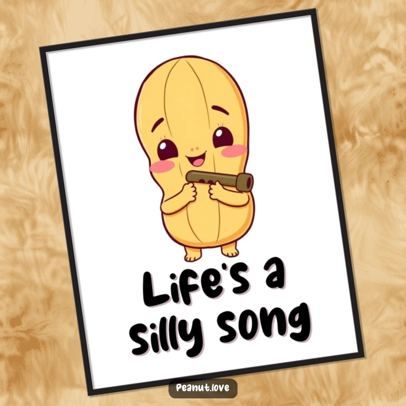 Funny Poster: Peanut Character with Wide Smile Playing a Tiny Kazoo, Evoking Musical Cheer