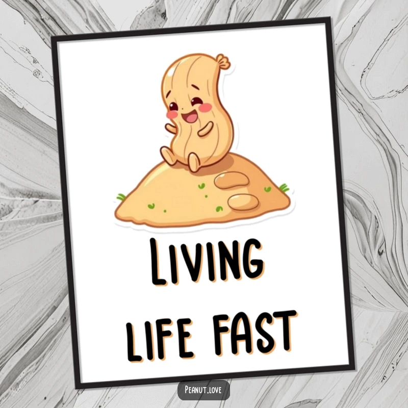 Funny peanut character hilariously rolling down a hill on a poster, capturing a moment of pure, uninhibited fun.