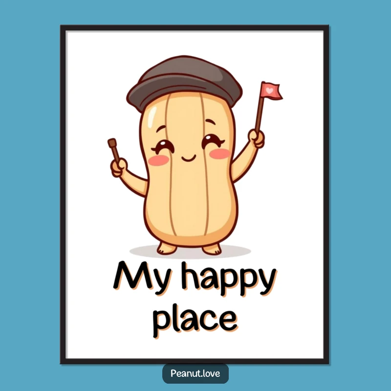 Funny Blushing Peanut Poster, Tiny Flag Wave Art, Cheerful Humorous Wall Decor