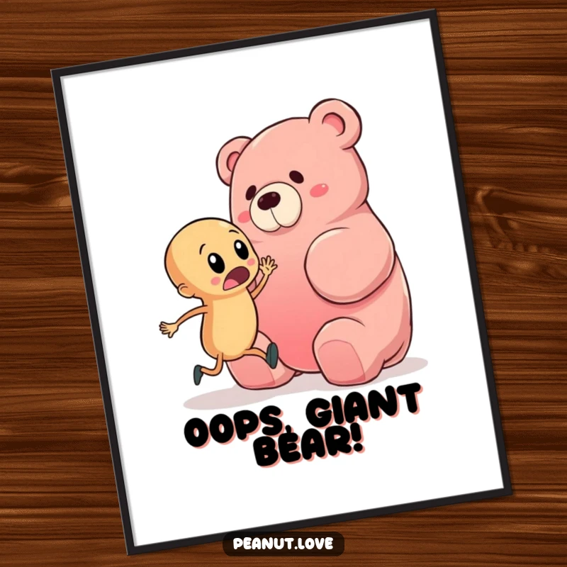 Funny poster art depicting a startled peanut character comically nearly tripping over a massive gummy bear, bringing a humorous and relatable scene to any wall.