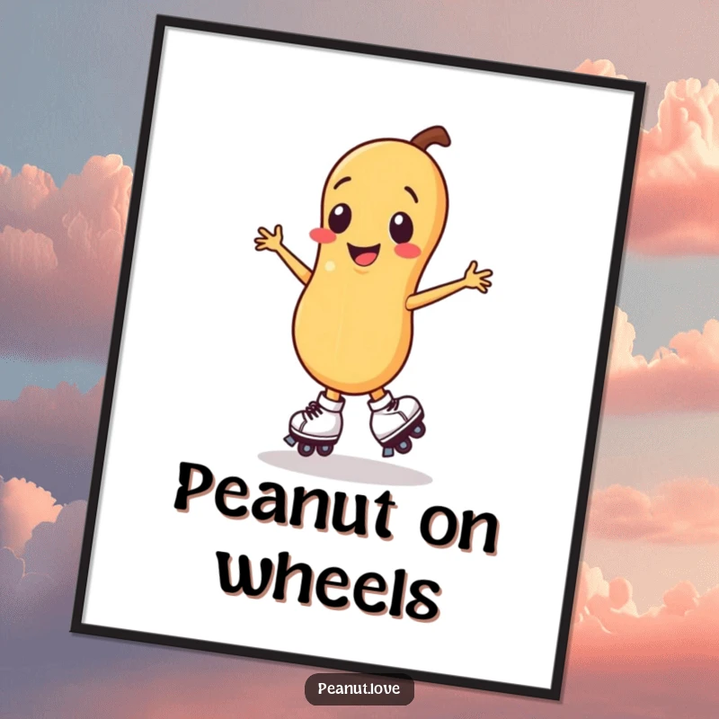 Funny smiling peanut character poster, in a dynamic spin pose on roller skates.