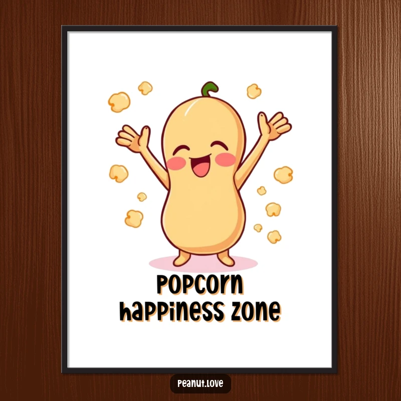 Funny Giggling Peanut Poster: A happy peanut giggling with arms up, surrounded by popcorn kernels. Funny art gift.