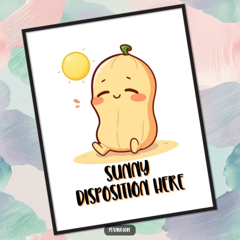 Funny poster art of a kawaii peanut character blissfully sunbathing, evoking peace and happiness; a gift.