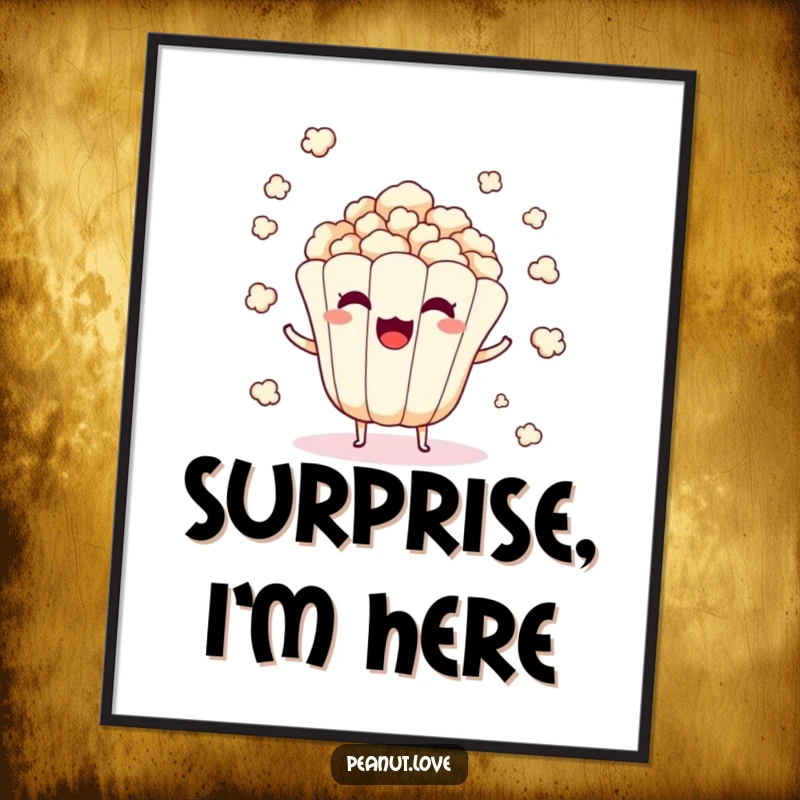 Funny poster art of a surprised popcorn kernel character popping and scattering everywhere.