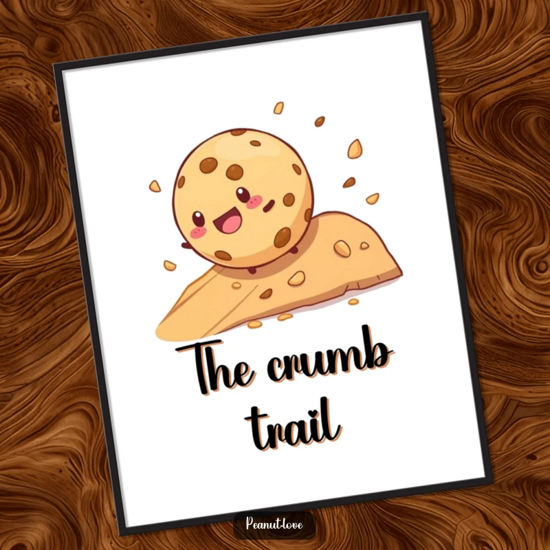 Funny cookie character joyfully rolling down a crumb-filled hill on a humorous poster, ideal wall art.