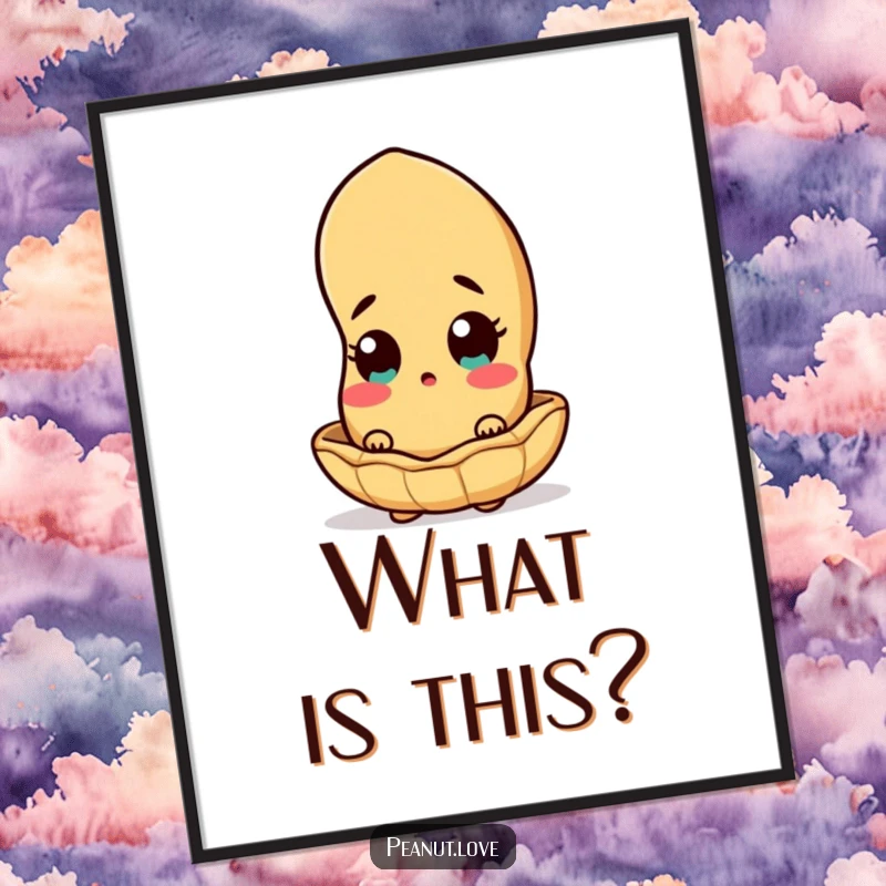 Funny peanut character peeking out from its shell with surprise, on a wall poster, humorous and charming art.