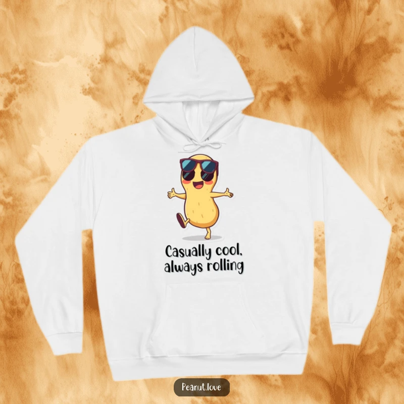 Funny hoodie depicting a cool peanut doing a gymnastic cartwheel, complete with sunglasses, offering warmth and a hearty dose of laughter.