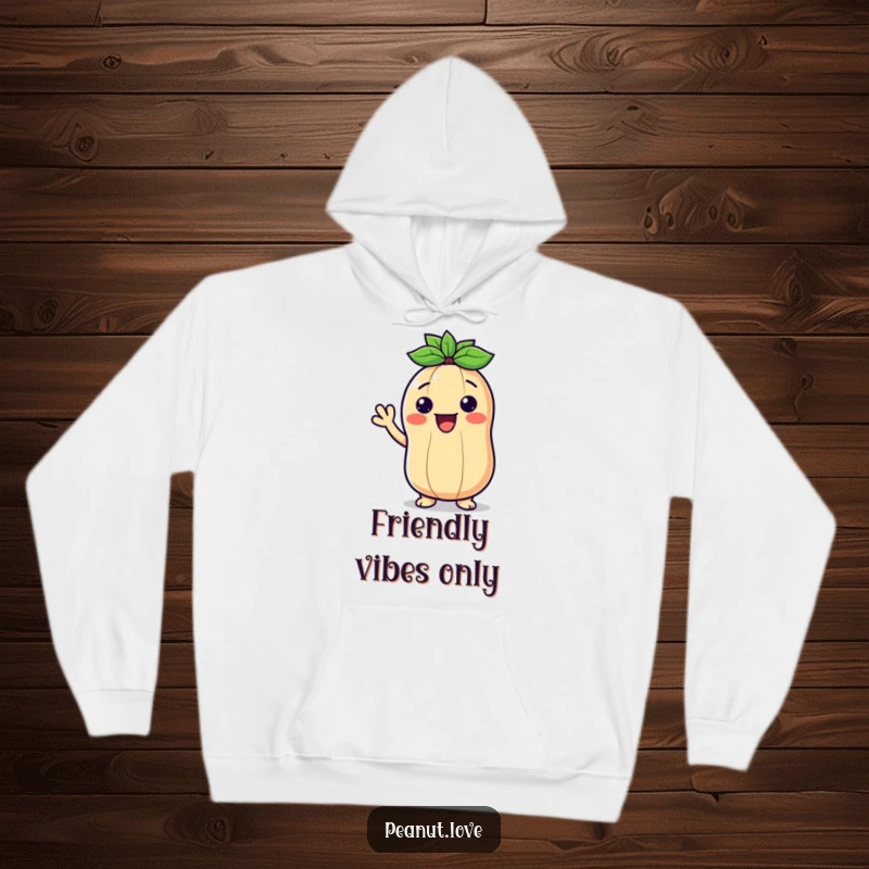 Funny hooded sweatshirt featuring a smiling Kawaii peanut waving hello, offering warmth and friendly humor.