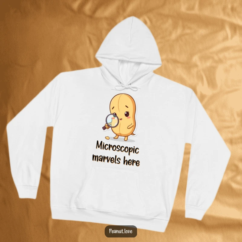 Funny Curious Peanut Hoodie: A peanut with a magnifying glass inspects a crumb. Cozy detective vibes, funny gift.