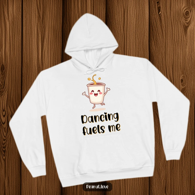 Funny hoodie with a smiling coffee cup character dancing energetically and spilling.